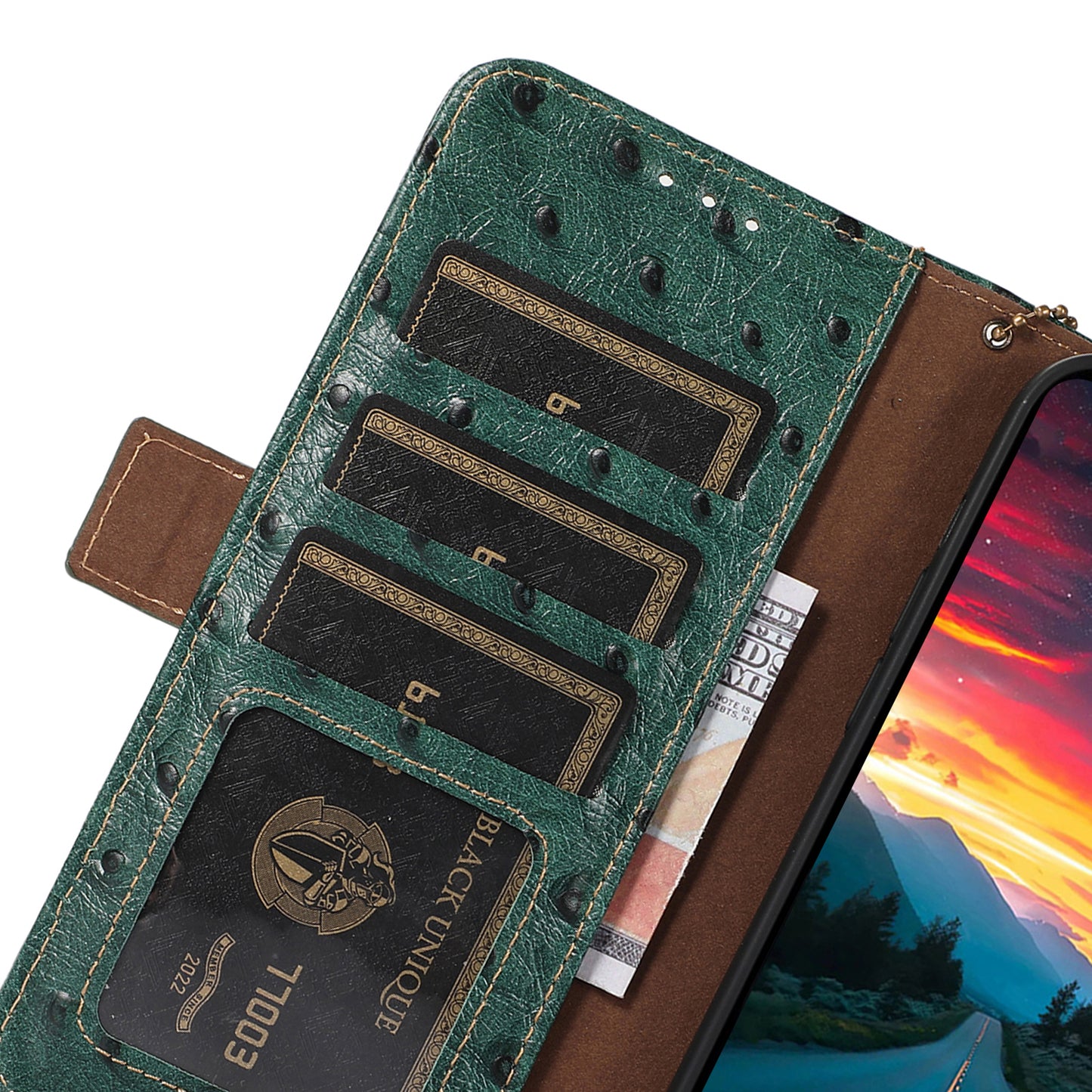 For Xiaomi Redmi Note 13 5G Genuine Cow Leather Case RFID Blocking Phone Cover Ostrich Texture - Green