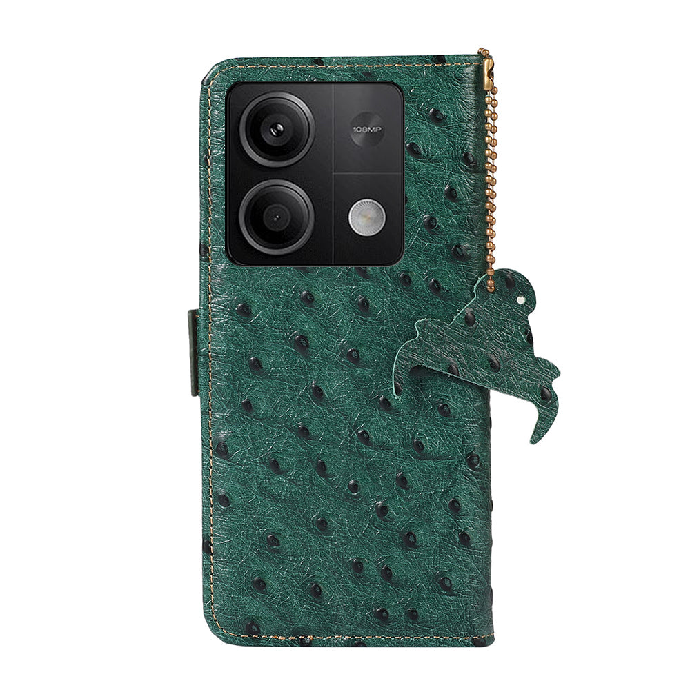 For Xiaomi Redmi Note 13 5G Genuine Cow Leather Case RFID Blocking Phone Cover Ostrich Texture - Green