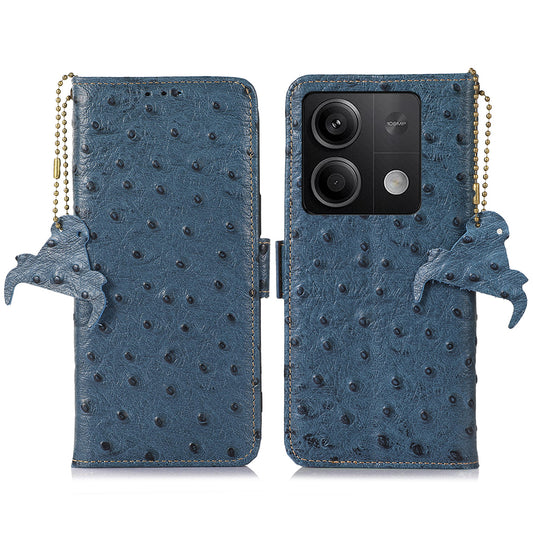 For Xiaomi Redmi Note 13 5G Genuine Cow Leather Case RFID Blocking Phone Cover Ostrich Texture - Blue