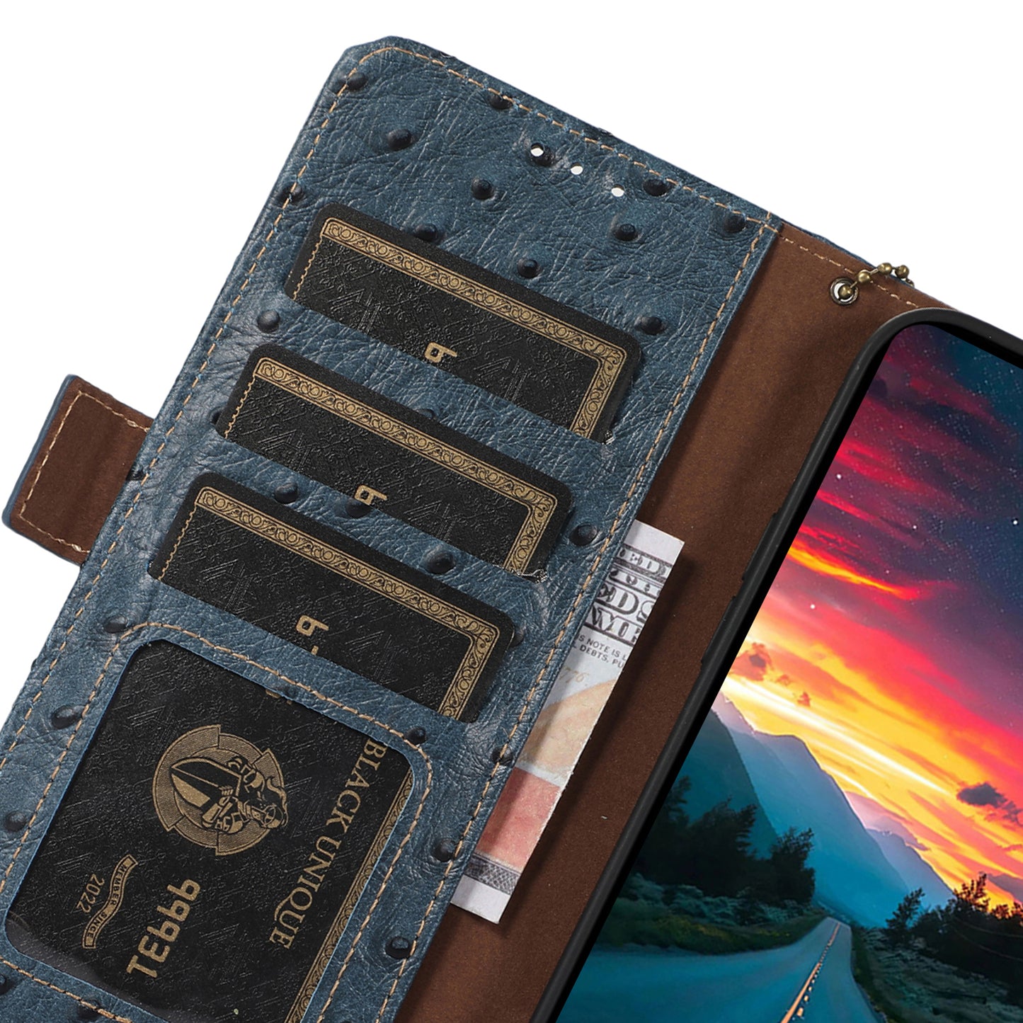 For Xiaomi Redmi Note 13 5G Genuine Cow Leather Case RFID Blocking Phone Cover Ostrich Texture - Blue