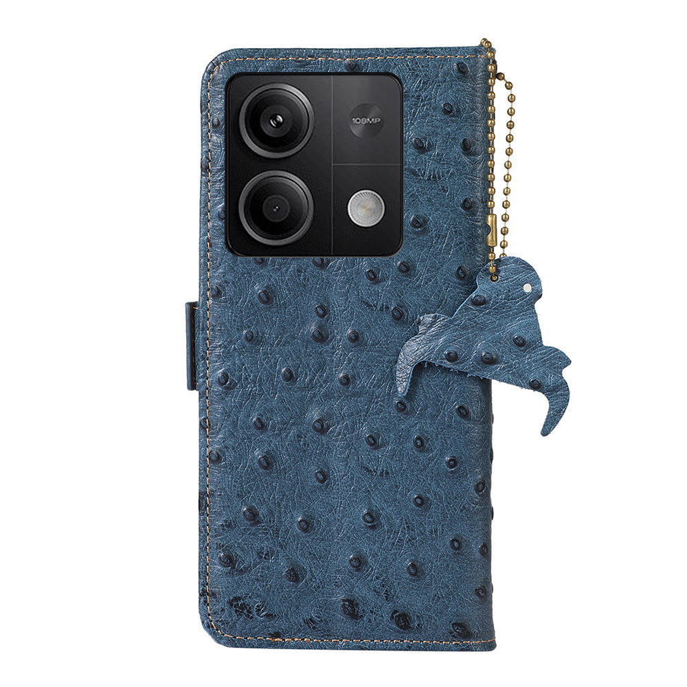 For Xiaomi Redmi Note 13 5G Genuine Cow Leather Case RFID Blocking Phone Cover Ostrich Texture - Blue