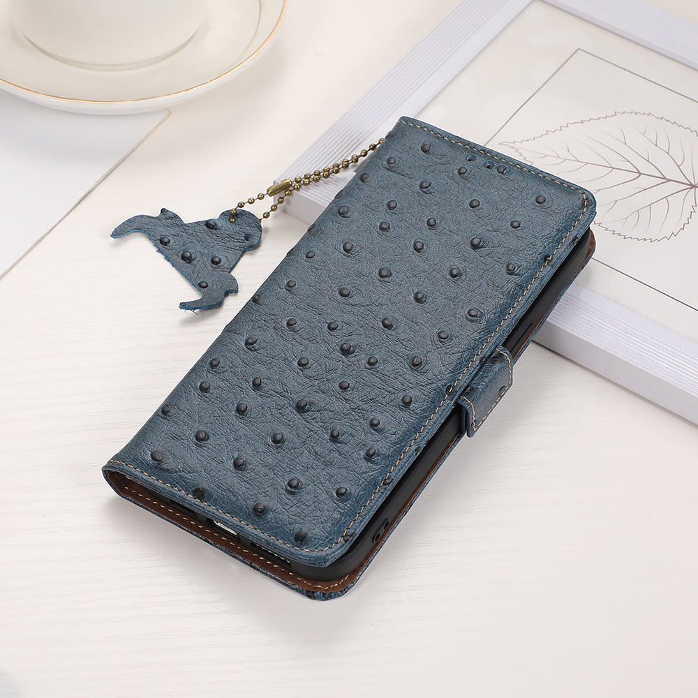 For Xiaomi Redmi Note 13 5G Genuine Cow Leather Case RFID Blocking Phone Cover Ostrich Texture - Blue