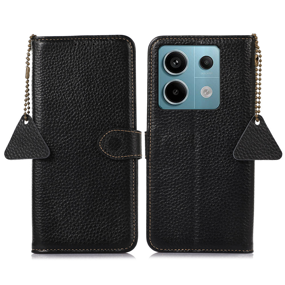 For Xiaomi Redmi Note 13 Pro 5G / Poco X6 5G Phone Case Genuine Cow Leather Cover Card Holder - Black