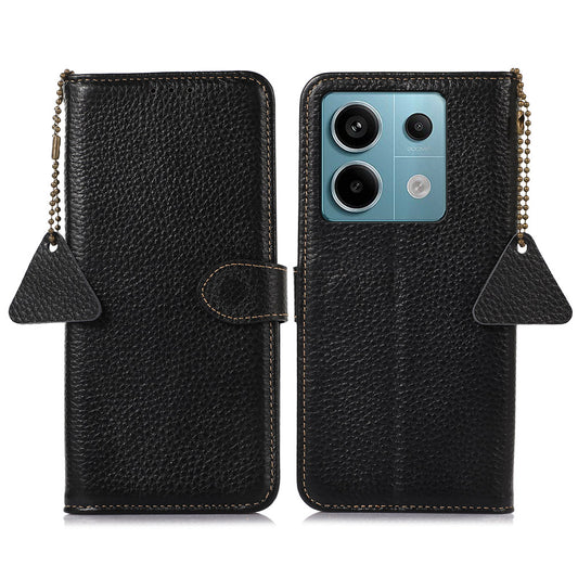 For Xiaomi Redmi Note 13 Pro 5G / Poco X6 5G Phone Case Genuine Cow Leather Cover Card Holder - Black