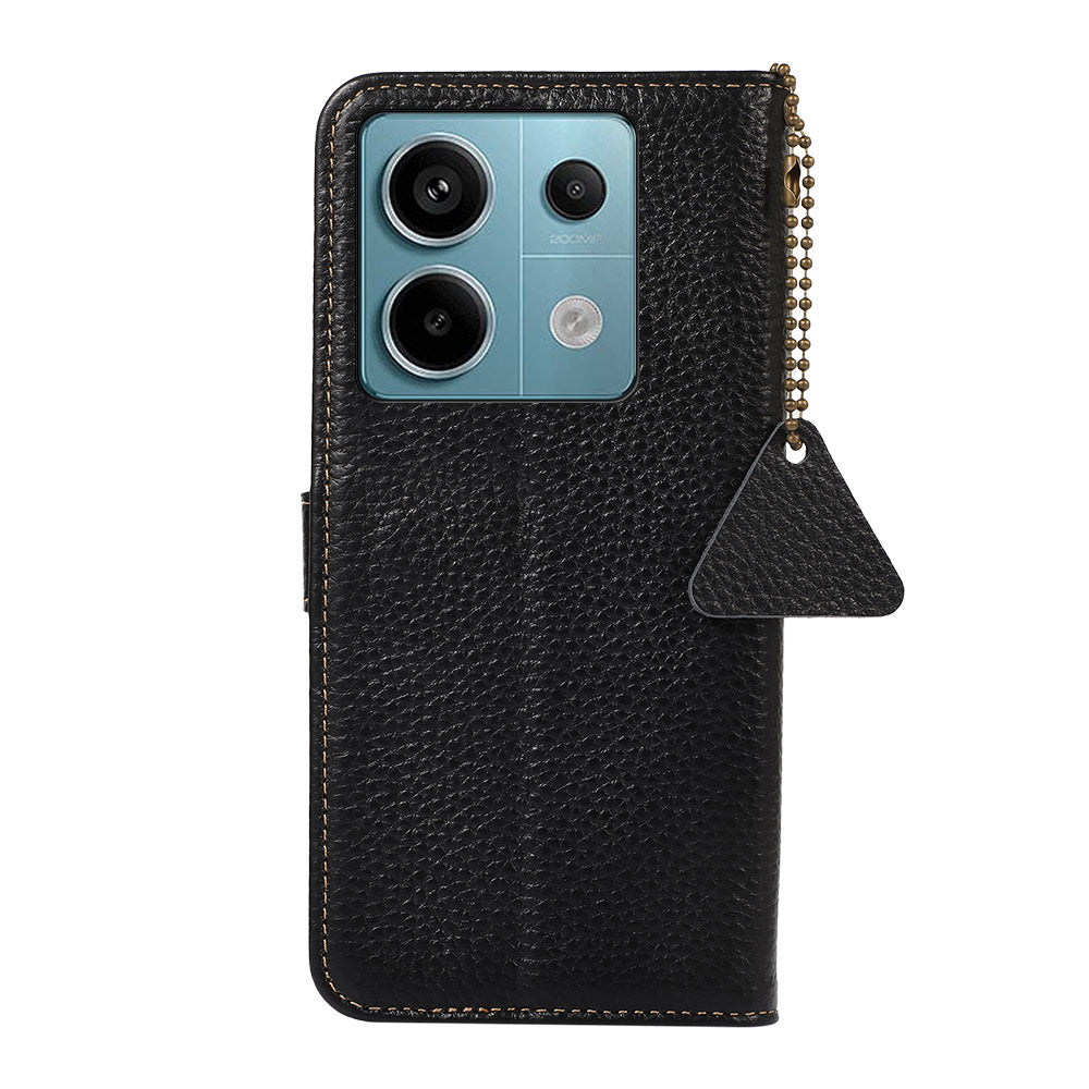 For Xiaomi Redmi Note 13 Pro 5G / Poco X6 5G Phone Case Genuine Cow Leather Cover Card Holder - Black
