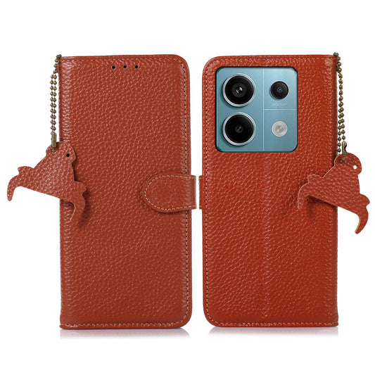 For Xiaomi Redmi Note 13 Pro 5G / Poco X6 5G Phone Case Genuine Cow Leather Cover Card Holder - Brown