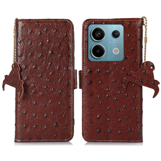 For Xiaomi Redmi Note 13 Pro 5G / Poco X6 5G Case Genuine Cow Leather RFID Blocking Phone Cover - Coffee