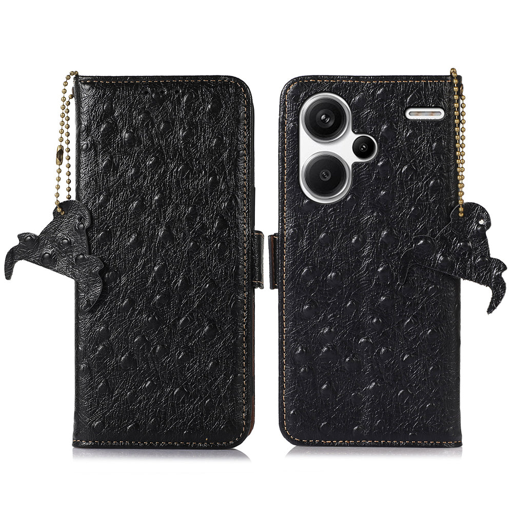 For Xiaomi Redmi Note 13 Pro+ 5G Phone Case Ostrich Texture Genuine Cow Leather Cover - Black