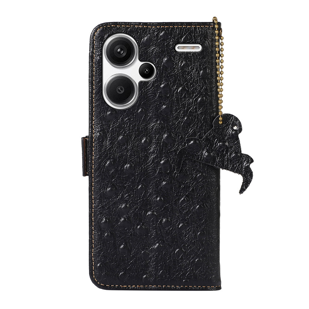 For Xiaomi Redmi Note 13 Pro+ 5G Phone Case Ostrich Texture Genuine Cow Leather Cover - Black