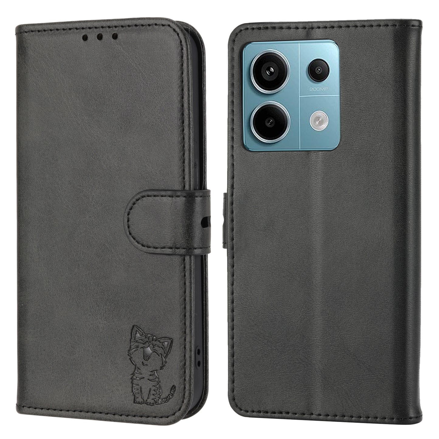 For Xiaomi Redmi Note 13 5G Phone Case Happy Cat Pattern Wallet Flip Cover - Black