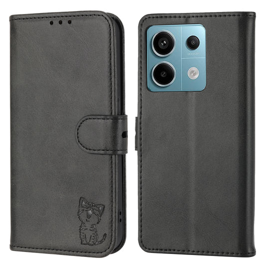 For Xiaomi Redmi Note 13 5G Phone Case Happy Cat Pattern Wallet Flip Cover - Black