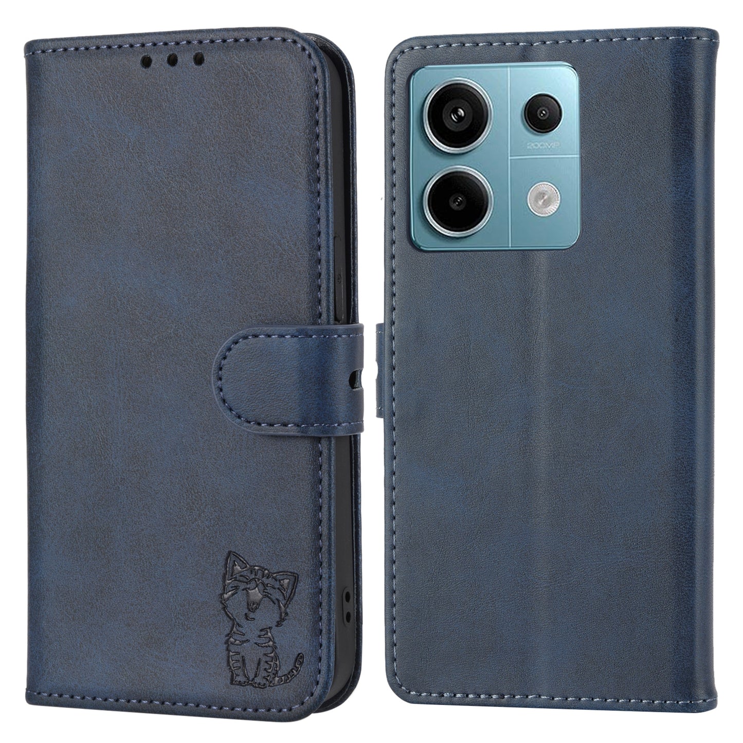 For Xiaomi Redmi Note 13 5G Phone Case Happy Cat Pattern Wallet Flip Cover - Blue
