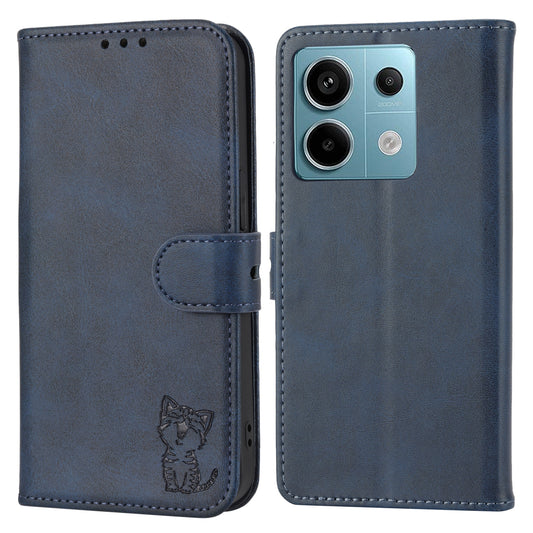 For Xiaomi Redmi Note 13 5G Phone Case Happy Cat Pattern Wallet Flip Cover - Blue