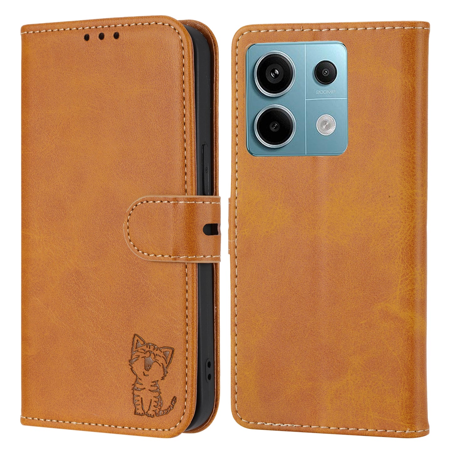 For Xiaomi Redmi Note 13 5G Phone Case Happy Cat Pattern Wallet Flip Cover - Yellow