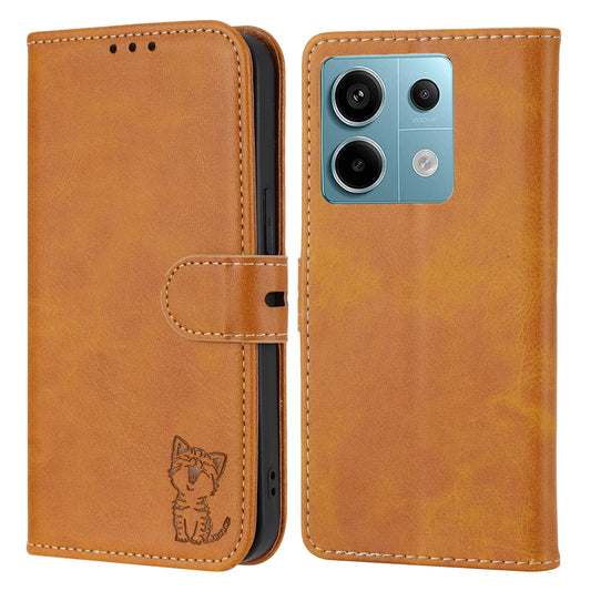 For Xiaomi Redmi Note 13 5G Phone Case Happy Cat Pattern Wallet Flip Cover - Yellow