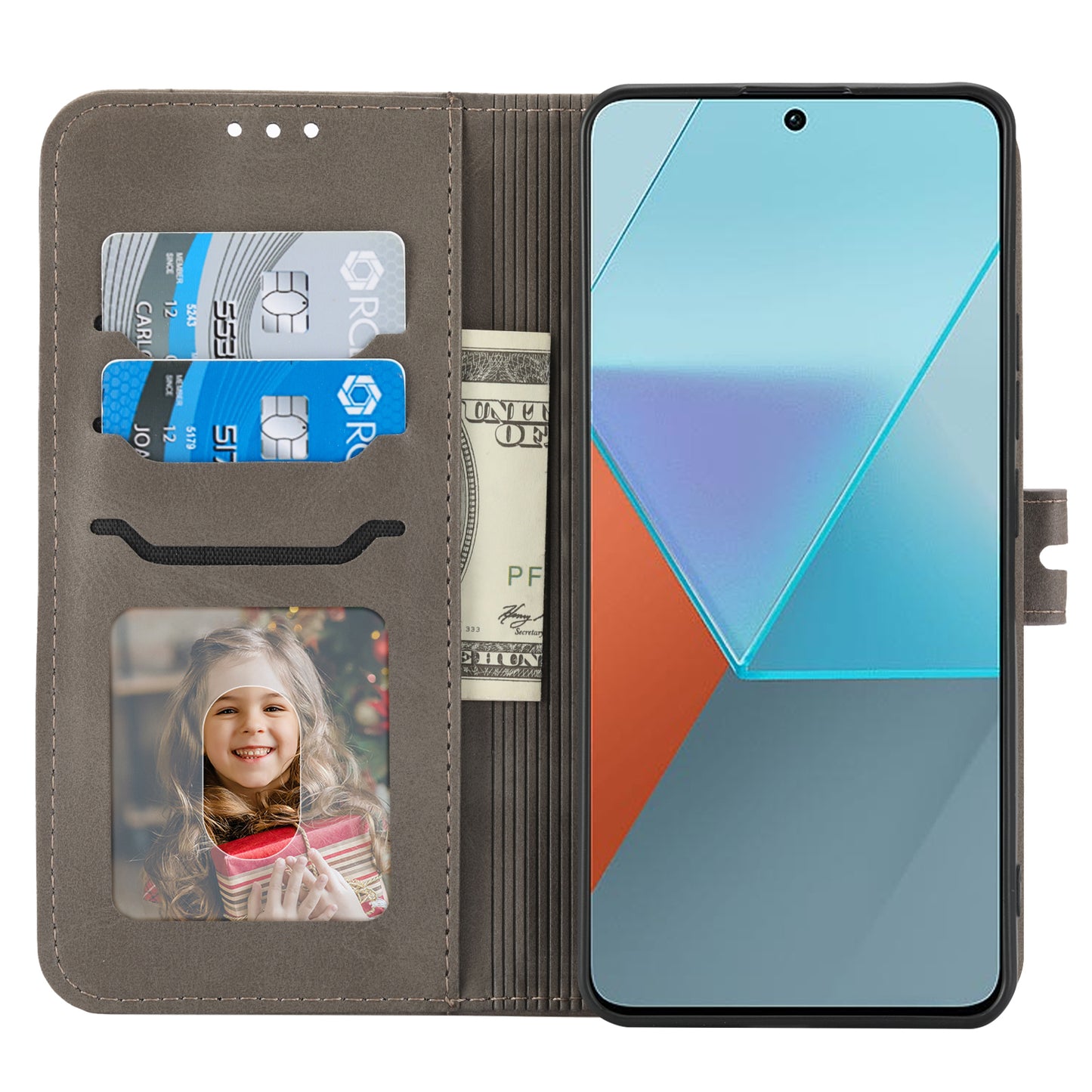 For Xiaomi Redmi Note 13 5G Phone Case Happy Cat Pattern Wallet Flip Cover - Grey
