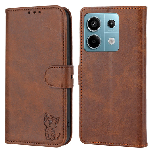 For Xiaomi Redmi Note 13 5G Phone Case Happy Cat Pattern Wallet Flip Cover - Brown