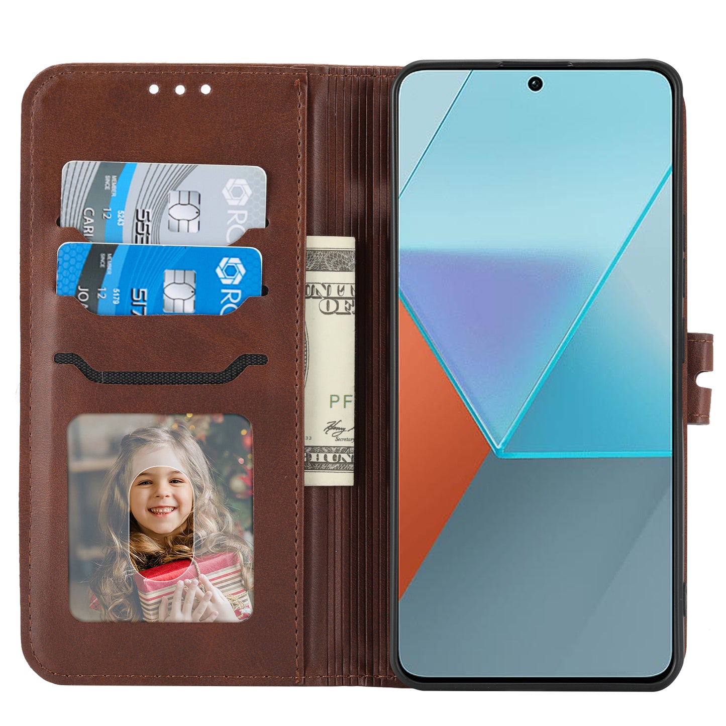 For Xiaomi Redmi Note 13 5G Phone Case Happy Cat Pattern Wallet Flip Cover - Brown