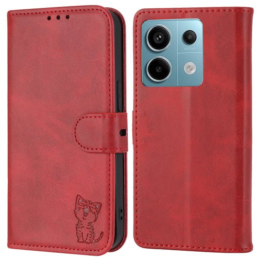 For Xiaomi Redmi Note 13 5G Phone Case Happy Cat Pattern Wallet Flip Cover - Red