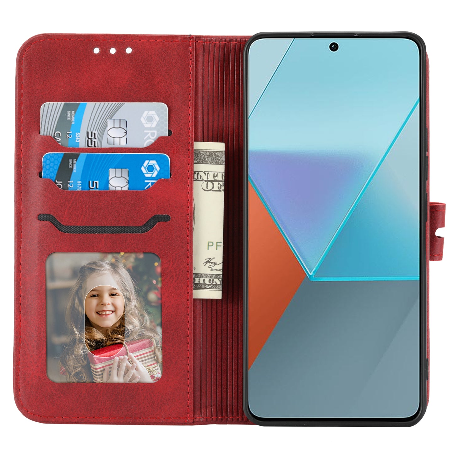 For Xiaomi Redmi Note 13 5G Phone Case Happy Cat Pattern Wallet Flip Cover - Red