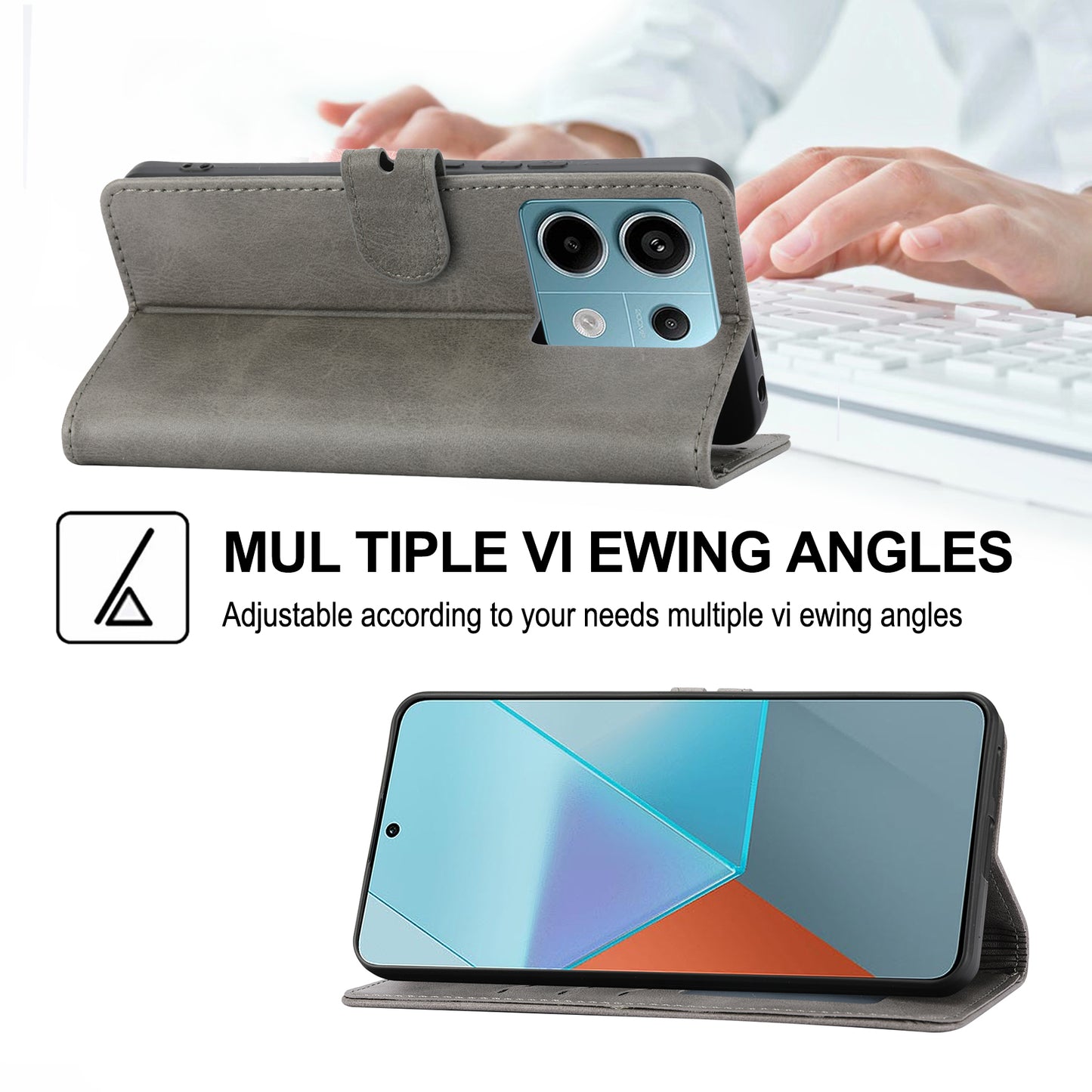 For Xiaomi Redmi Note 13 Pro 5G / Poco X6 5G Leather Case Happy Cat Pattern Folding Stand Phone Cover - Grey