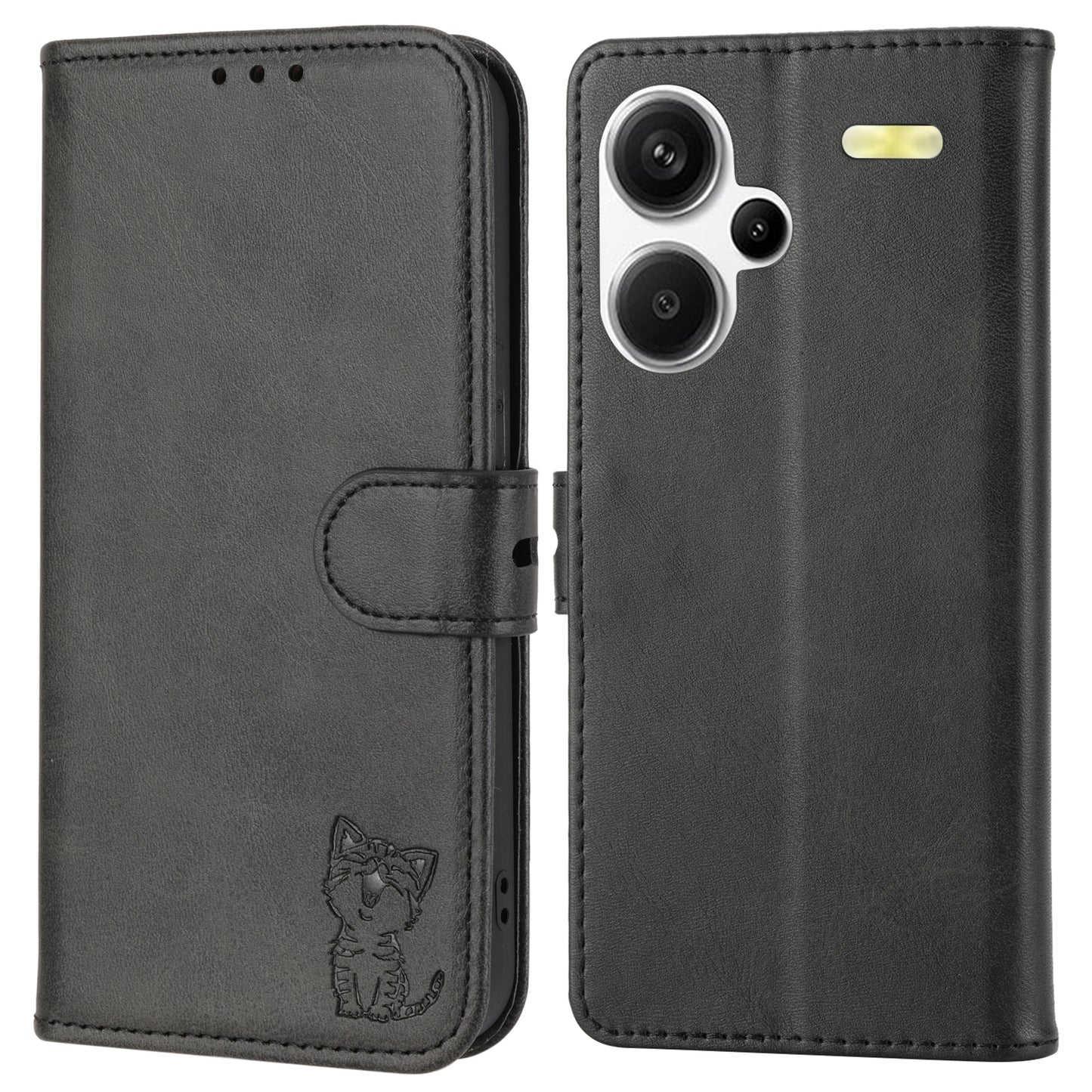 For Xiaomi Redmi Note 13 Pro+ 5G Wallet Case Happy Cat Pattern Shockproof Flip Phone Cover - Blue - Black