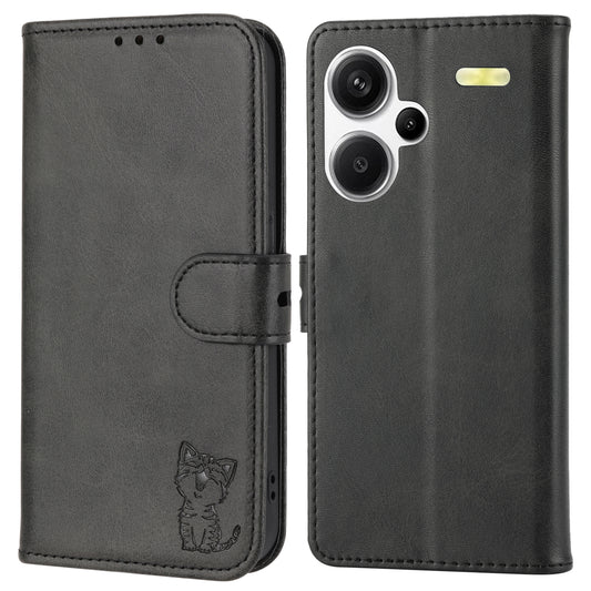 For Xiaomi Redmi Note 13 Pro+ 5G Wallet Case Happy Cat Pattern Shockproof Flip Phone Cover - Blue - Black