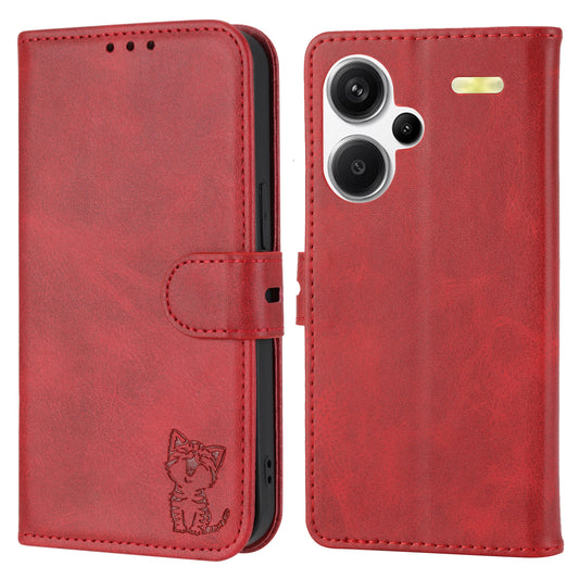 For Xiaomi Redmi Note 13 Pro+ 5G Wallet Case Happy Cat Pattern Shockproof Flip Phone Cover - Blue - Red