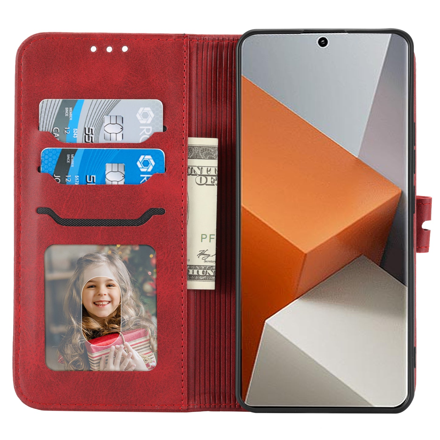 For Xiaomi Redmi Note 13 Pro+ 5G Wallet Case Happy Cat Pattern Shockproof Flip Phone Cover - Blue - Red