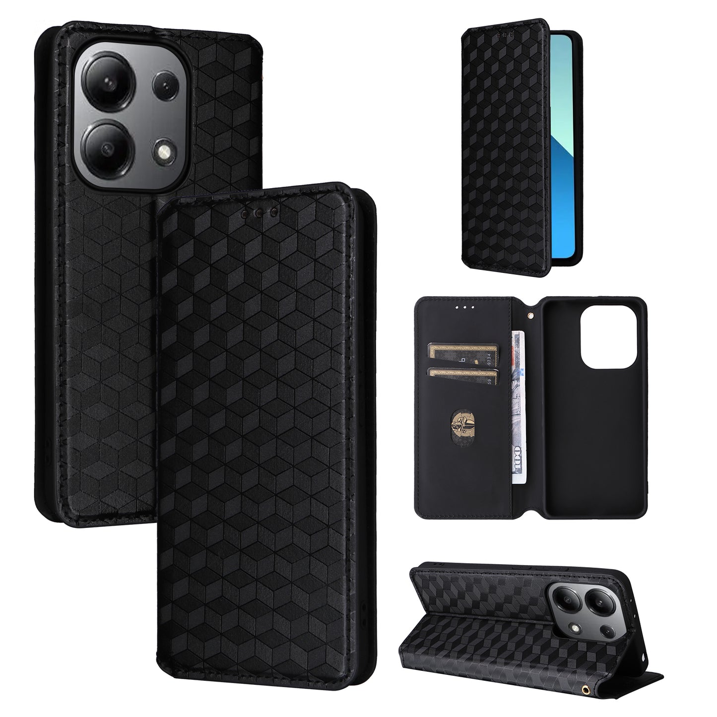 For Xiaomi Redmi Note 13 4G Wallet Case Stand Full Protection Leather Rhombus Phone Cover - Black