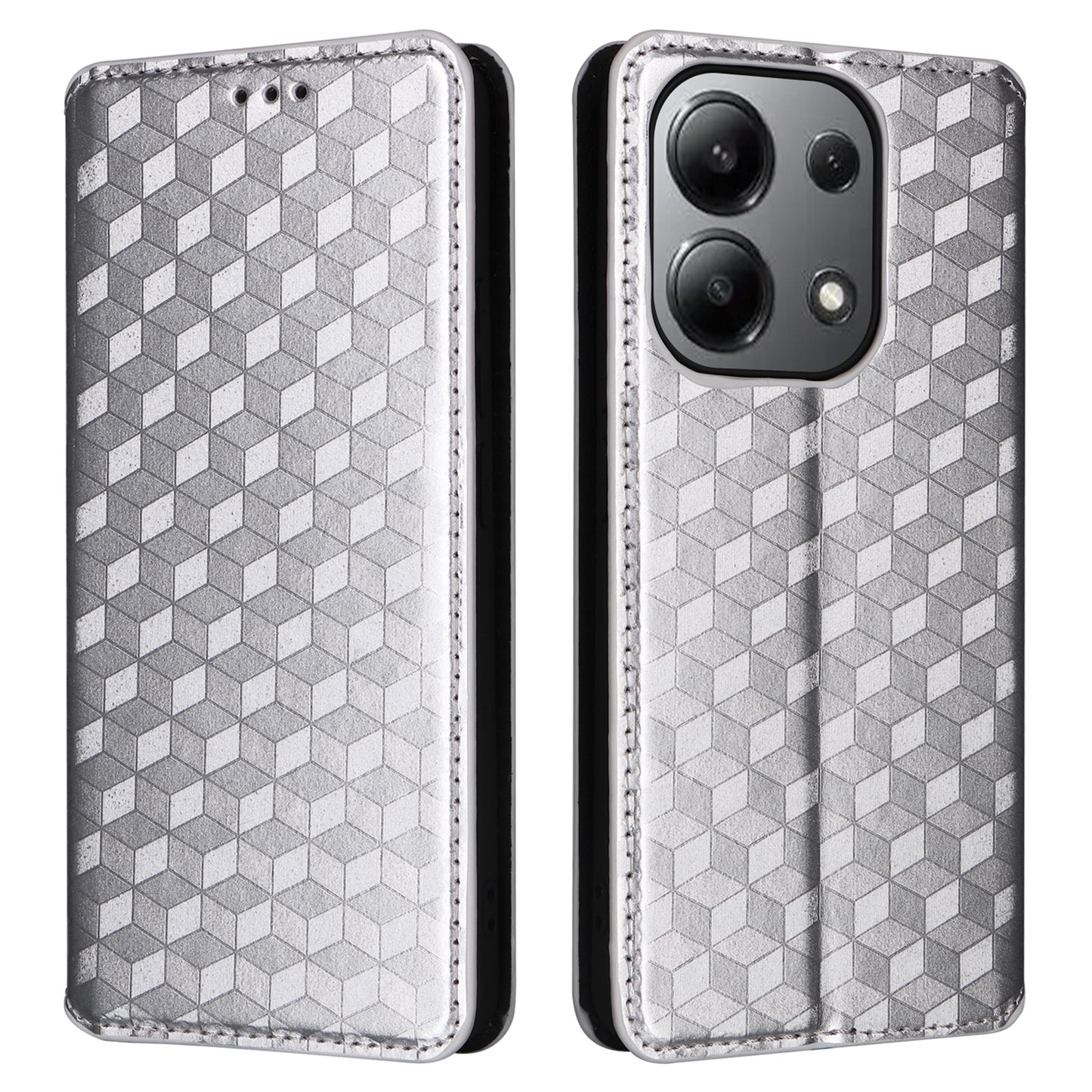 For Xiaomi Redmi Note 13 4G Wallet Case Stand Full Protection Leather Rhombus Phone Cover - Silver
