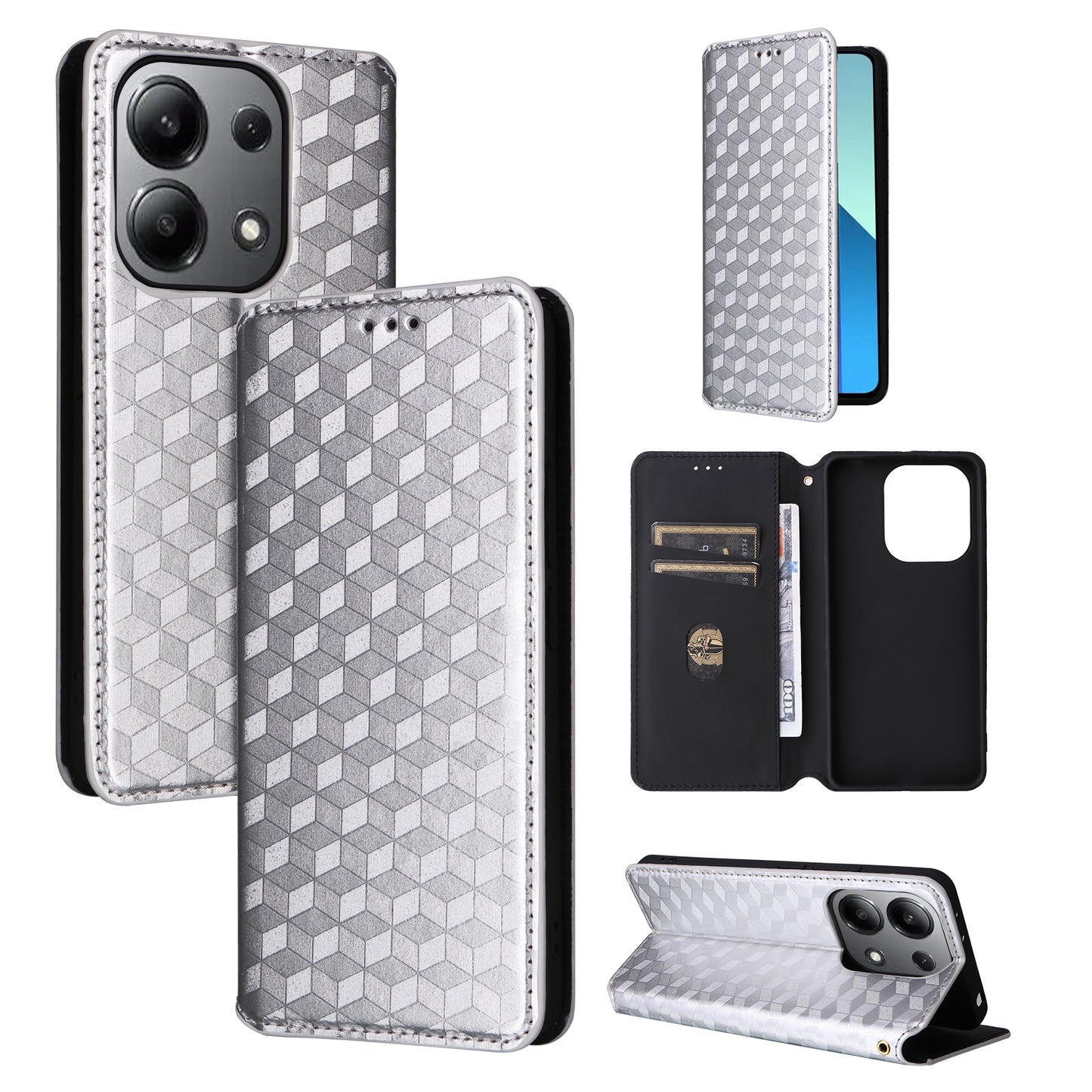 For Xiaomi Redmi Note 13 4G Wallet Case Stand Full Protection Leather Rhombus Phone Cover - Silver