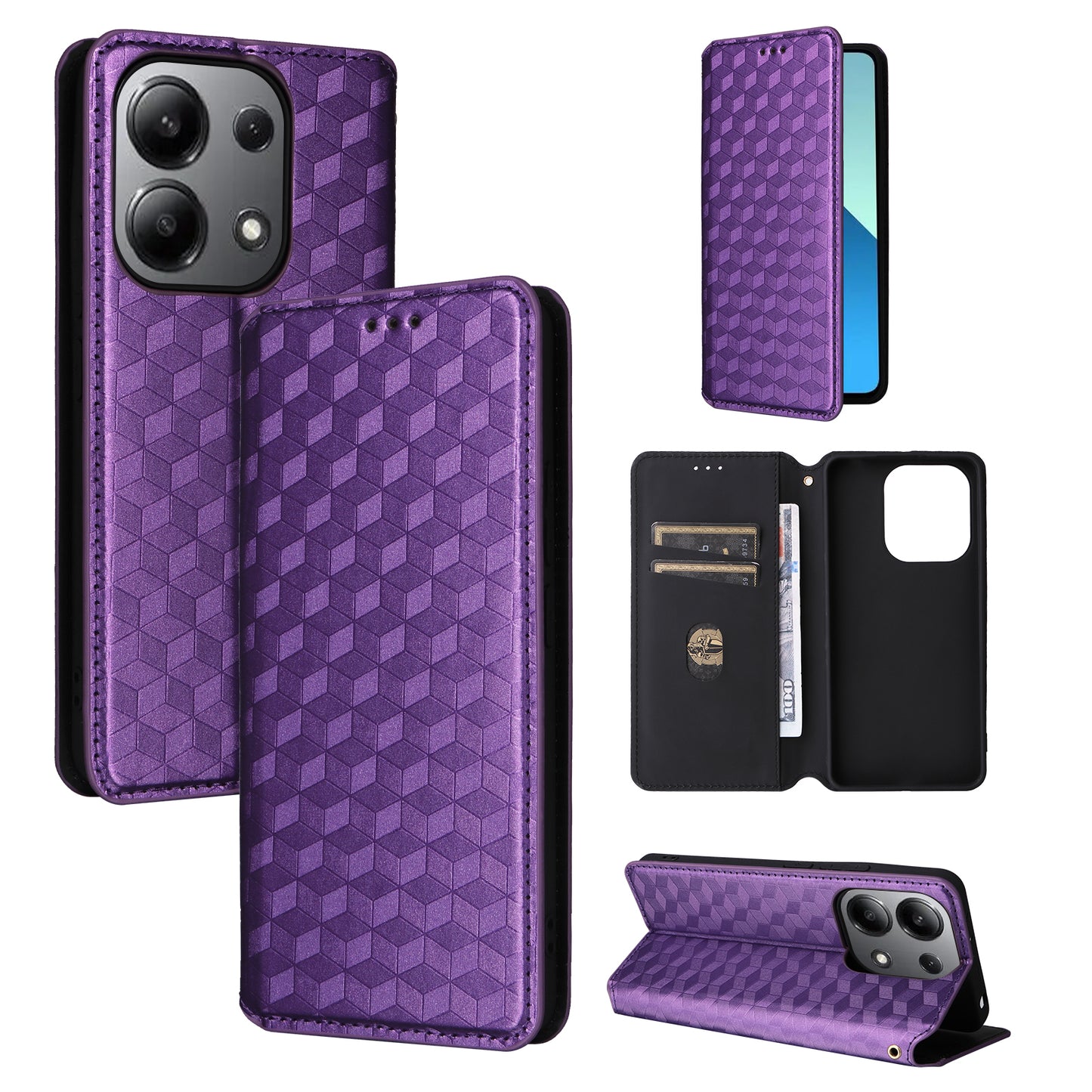 For Xiaomi Redmi Note 13 4G Wallet Case Stand Full Protection Leather Rhombus Phone Cover - Purple