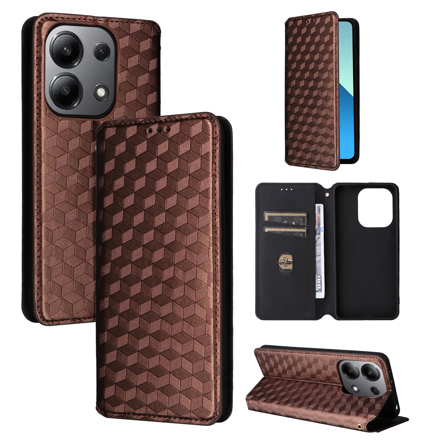 For Xiaomi Redmi Note 13 4G Wallet Case Stand Full Protection Leather Rhombus Phone Cover - Brown
