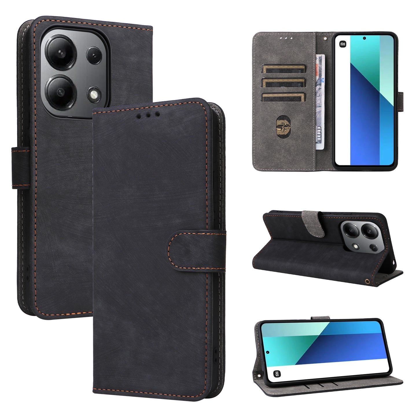 For Xiaomi Redmi Note 13 4G Wallet Leather Case Phone Cover RFID Blocking Protection - Black