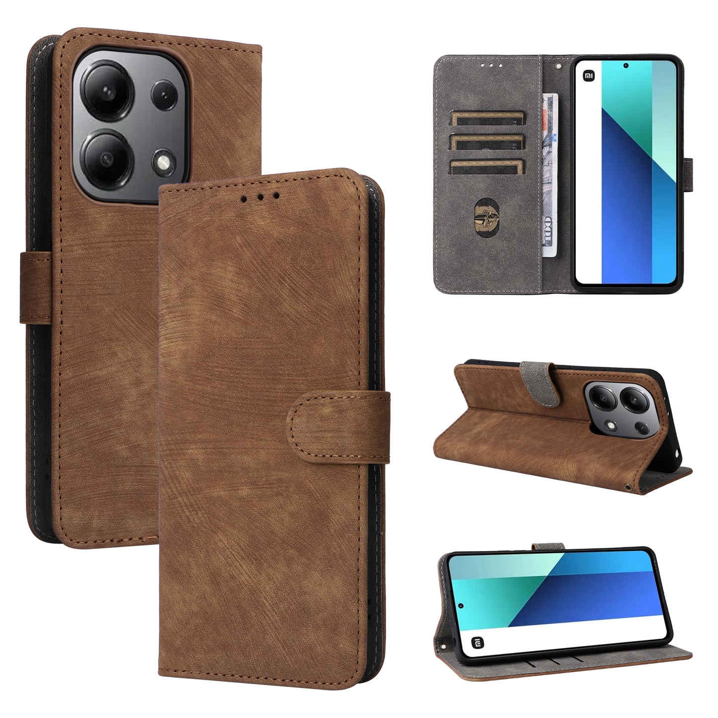 For Xiaomi Redmi Note 13 4G Wallet Leather Case Phone Cover RFID Blocking Protection - Brown