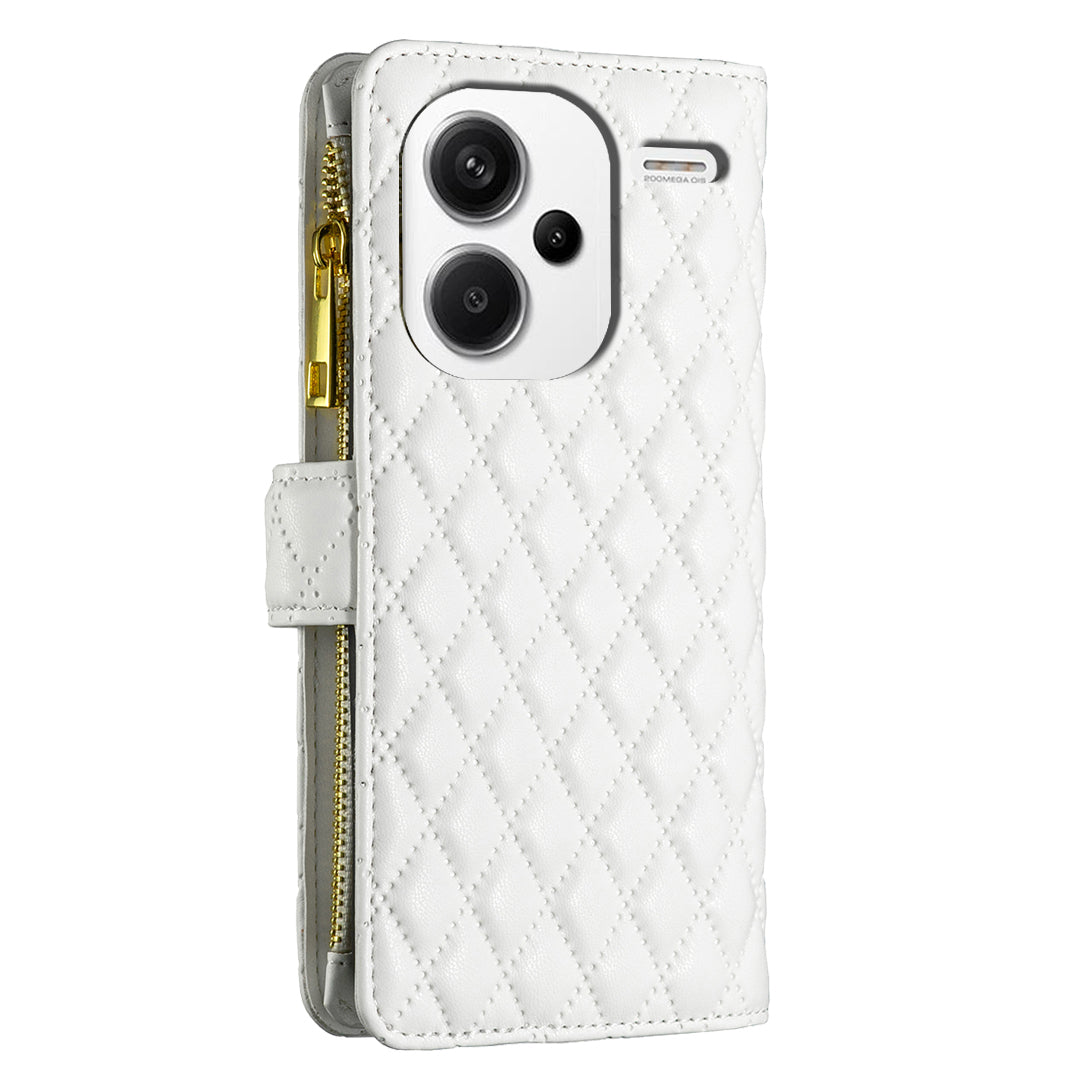 BINFEN COLOR BF Style-15 For Xiaomi Redmi Note 13 Pro+ 5G Case Zipper Magnetic Folio Phone Cover - White