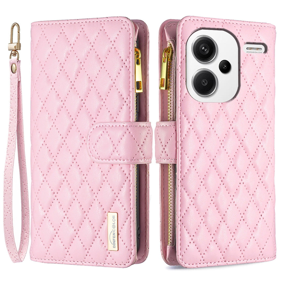 BINFEN COLOR BF Style-15 For Xiaomi Redmi Note 13 Pro+ 5G Case Zipper Magnetic Folio Phone Cover - Pink
