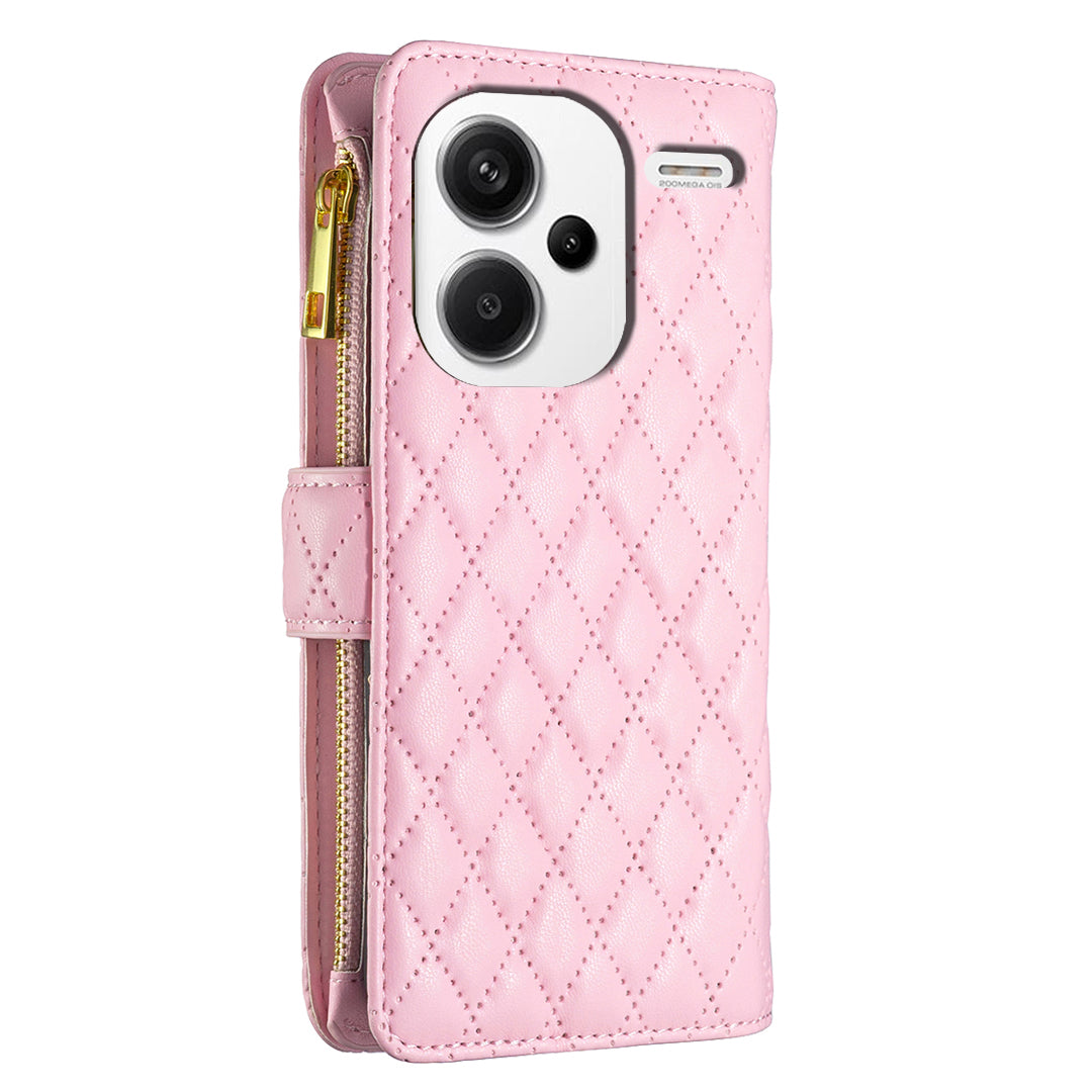 BINFEN COLOR BF Style-15 For Xiaomi Redmi Note 13 Pro+ 5G Case Zipper Magnetic Folio Phone Cover - Pink