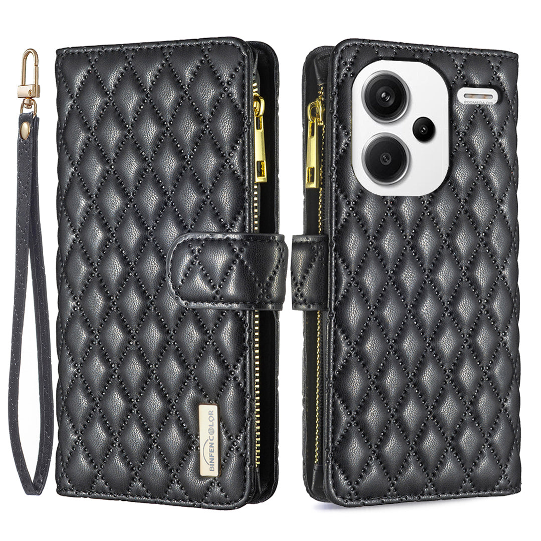BINFEN COLOR BF Style-15 For Xiaomi Redmi Note 13 Pro+ 5G Case Zipper Magnetic Folio Phone Cover - Black