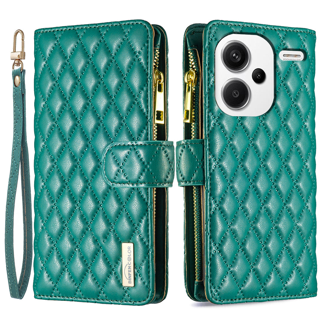 BINFEN COLOR BF Style-15 For Xiaomi Redmi Note 13 Pro+ 5G Case Zipper Magnetic Folio Phone Cover - Green