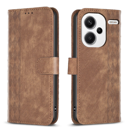 For Xiaomi Redmi Note 13 Pro+ 5G Leather Wallet Case Grid Pattern Shockproof Flip Cover - Brown