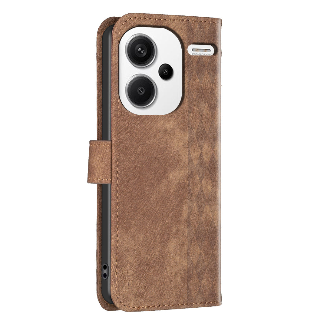 For Xiaomi Redmi Note 13 Pro+ 5G Leather Wallet Case Grid Pattern Shockproof Flip Cover - Brown