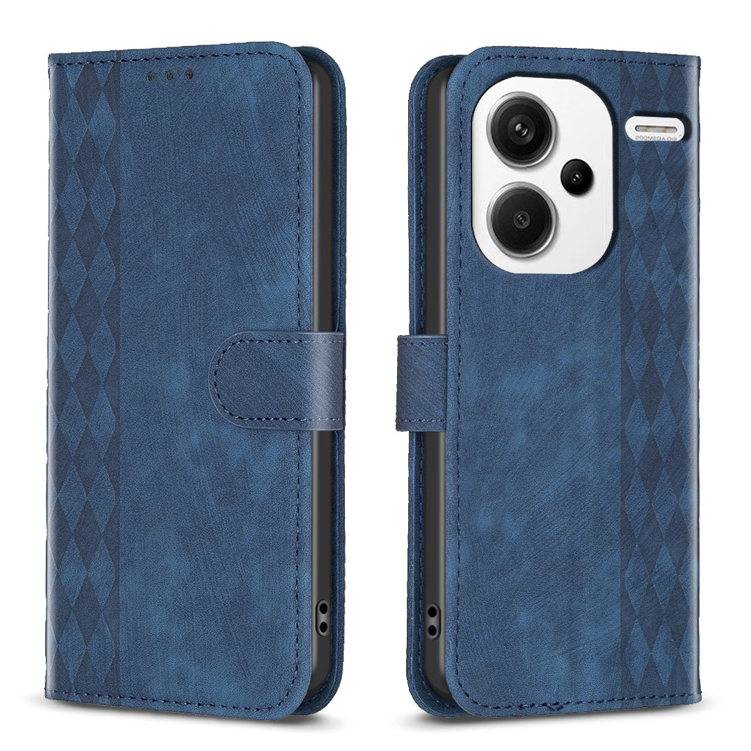 For Xiaomi Redmi Note 13 Pro+ 5G Leather Wallet Case Grid Pattern Shockproof Flip Cover - Blue