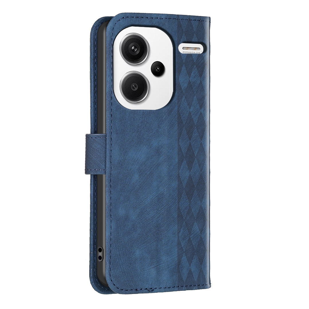 For Xiaomi Redmi Note 13 Pro+ 5G Leather Wallet Case Grid Pattern Shockproof Flip Cover - Blue