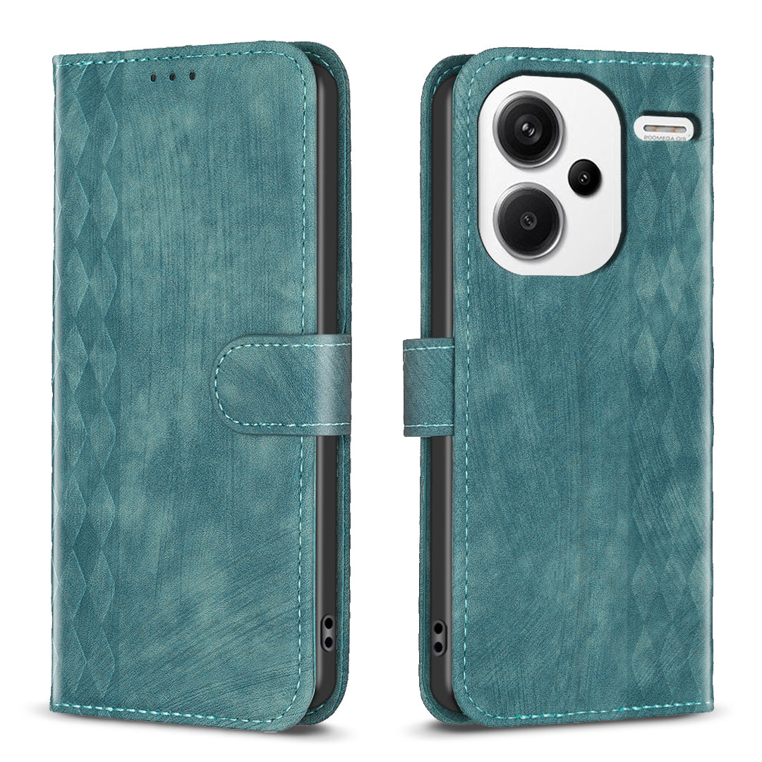 For Xiaomi Redmi Note 13 Pro+ 5G Leather Wallet Case Grid Pattern Shockproof Flip Cover - Green