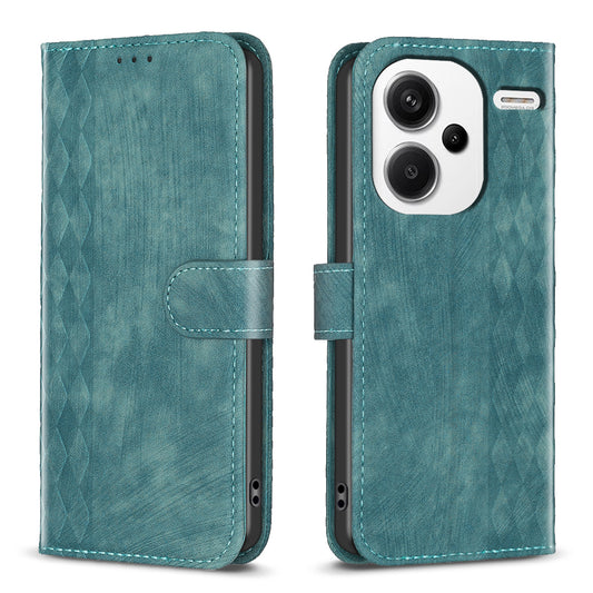 For Xiaomi Redmi Note 13 Pro+ 5G Leather Wallet Case Grid Pattern Shockproof Flip Cover - Green