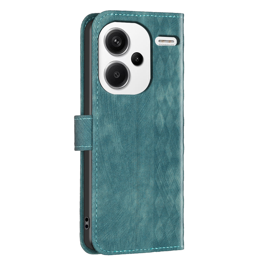 For Xiaomi Redmi Note 13 Pro+ 5G Leather Wallet Case Grid Pattern Shockproof Flip Cover - Green