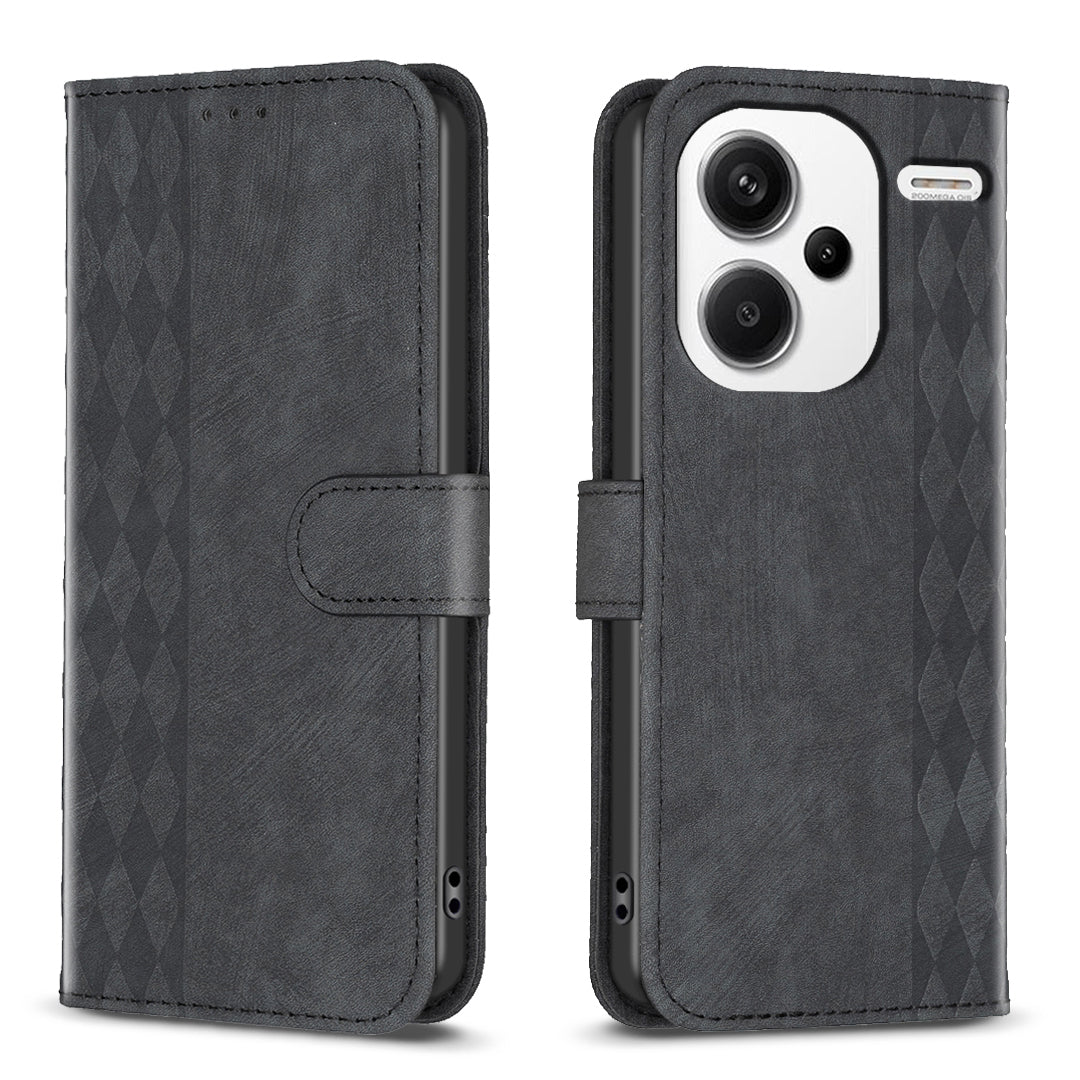 For Xiaomi Redmi Note 13 Pro+ 5G Leather Wallet Case Grid Pattern Shockproof Flip Cover - Black