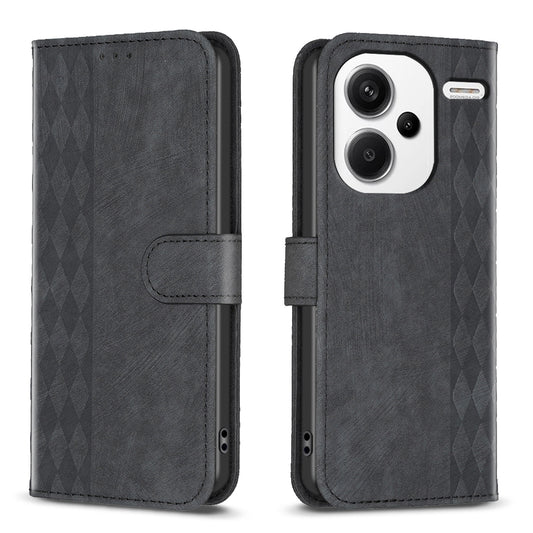 For Xiaomi Redmi Note 13 Pro+ 5G Leather Wallet Case Grid Pattern Shockproof Flip Cover - Black